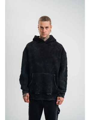 Uslucan Alışveriş Unisex Uzun Kol Kapşonlu Yıkamalı Nakışlı Sweatshirt - Siyah