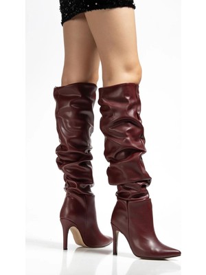 Uslucan Alışveriş SYT-2003 Bordo Cilt Körüklü Ince Topuklu Günlük Bayan Çizme