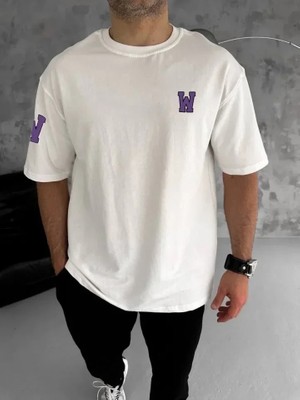 Uslucan Alışveriş Unisex Bisiklet Yaka Baskılı Oversize T-Shirt - Beyaz