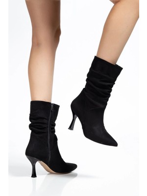 Uslucan Alışveriş VRT-024 Siyah Süet Yüksek Ince Topuklu Körüklü Fermuarlı  Kadın Bot