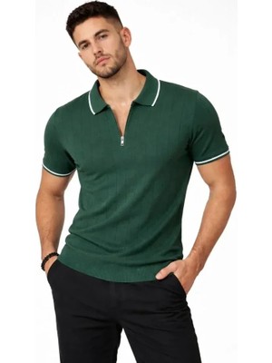 Uslucan Alışveriş Erkek Fermuarlı Yaka Fitilli Triko Kısa Kollu Regular Fit Tişört T-Shirt - Yeşil