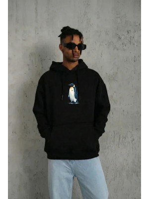 Uslucan Alışveriş Siyah Oversize Hoodie - Sırt Baskılı Survivor Penguin Temalı, Felsefi Yazılı Kapüşonlu Sweatshirt - Siyah