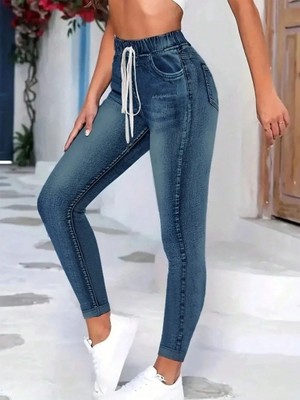 Uslucan Alışveriş Kadın Belden Bağlamalı Cepli Yüksek Bel Kot Pantolon