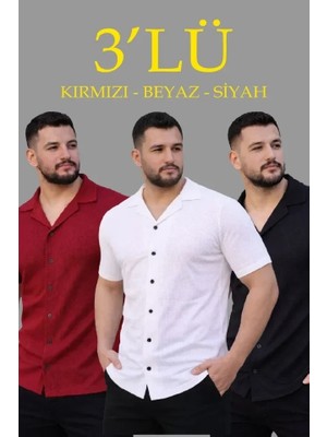 Uslucan Alışveriş Erkek Waffle Dokuma Açık Yakalı Düğmeli Regular Kalıp 3’lü Gömlek Seti - Siyah, Kırmızı, Beyaz