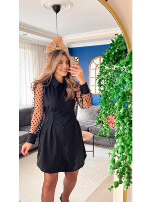 Uslucan Alışveriş Kadın Uzun Kollu Yakalı Düğmeli Mini Ithal Krep Elbise