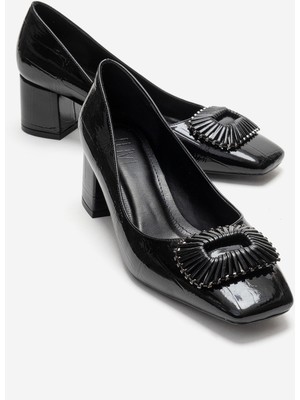 Luvi Velora Siyah Baskılı Tokalı Kadın Kalın Topuklu Ayakkabı