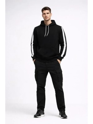 Uslucan Alışveriş Erkek Şeritli Kapüşonlu Sweatshirt Oversize 3 Iplik Pamuklu - Siyah