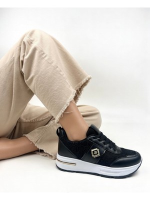 Nstil Kadın Dantel ve Gold Detaylı Kalın Taban Günlük Sneaker Ayakkabı 0873