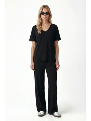 Ritnice Kadın Elya Modal Touch V Yaka Bel Lastikli Cepli Siyah Alt Üst Takım