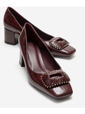 Luvi Velora Bordo Baskılı Tokalı Kadın Kalın Topuklu Ayakkabı