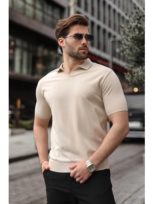 Madmext Taş Rengi Polo Yaka Triko Kısa Kollu Erkek Tişört E7463
