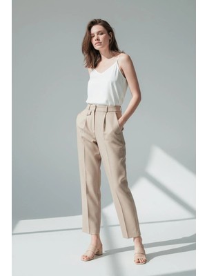 Madmext Bej Pens Detaylı Kapaklı Düz Paça Kumaş Pantolon MG2642