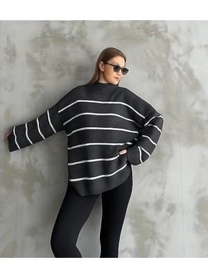 Zengezur Mall Storozal Çizgili Ispanyol Kol Triko Boğazlı Kazak Antrasit  (Beden: Standart)