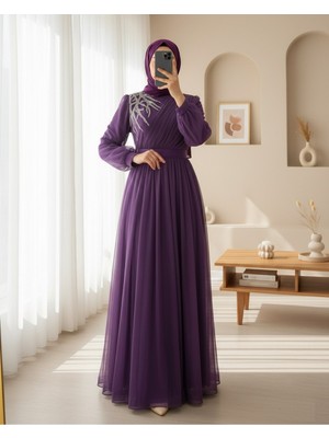 Modamorfo Önü Taş Detaylı Drapeli Kemerli Tül Abiye     -Mor