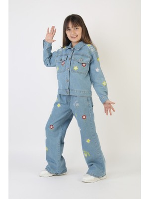 Moonch Kız Çocuk Çiçek Nakışlı Kot Takım – %100 Pamuk Denim Ceket ve Pantolon – Günlük Rahat Jean Kombin
