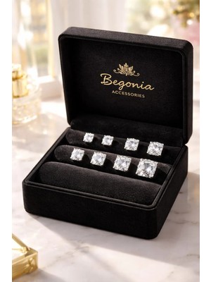 Begonia Accessories 925 Ayar Gümüş 3-4-5-6mm Minimal Kare Zirkon Taşlı 4 Çift Küpe Seti – Unisex Gümüş Takı, Zarif & Şık Tasarım, Günlük ve Özel Gün Kullanımı, Minimal Tek Taş, Hediye İçin Kutulu