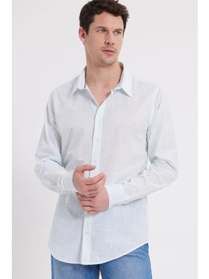 Tudors Erkek Slim Fit Dar Kesim %100 Pamuk Çizgili Uzun Kollu Keten Efektli Mint Gömlek