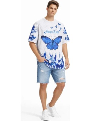 Uslucan Alışveriş Erkek Asit Yıkamalı Oversize Tişört Mavi Kelebek Baskılı Dijital Print Bisiklet Yaka Streetwear T-Shirt - Beyaz