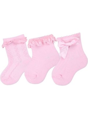 Bross Dantel Fiyonk Aksesuarlı 3lü Kız Bebek Soket ONL-02725