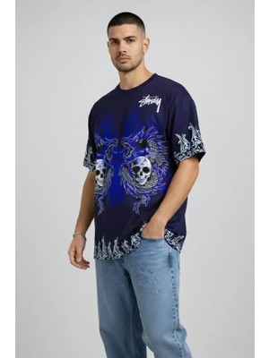 Uslucan Alışveriş Erkek Lacivert Oversize Tişört Dragon - Kuru Kafa Baskılı Bisiklet Yaka Streetwear T-Shirt - Lacivert