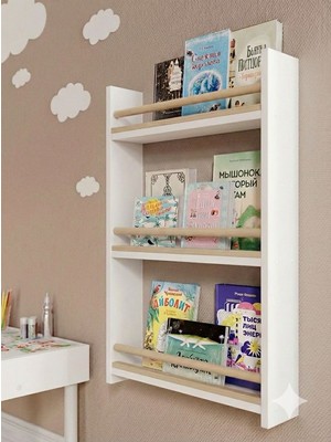 GAFhaus Gaf Haus Modern Montessori Kitaplık - 3 Raflı Duvara Monte Çocuk Odası Ahşap Kitap Rafı Beyaz