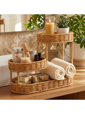 URZ 3 Katlı Oval Rattan Organizer Sepet – Plastik Hasır Görünümlü Çok Amaçlı Düzenleyici