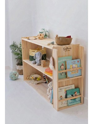 GAFhaus Doğal Ahşap Montessori Kitaplık ve Oyuncak Dolabı - Büyük Boy Çocuk Odası Organizer Ünit