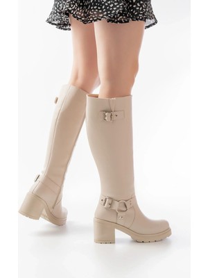 Uslucan Alışveriş 767-3005 Bej Toka Aksesuarlı Fermuarlı Günlük Kalın Topuklu Kadın Bot