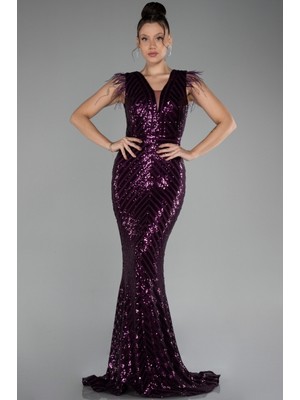 Abiyefon Uzun Pul Işlemeli Otrişli Abiye Elbise ABU881