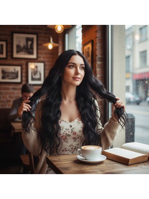 İlk El Grup Uzun Su Dalgası Fiber Sentetik Peruk - Koyu Kahve