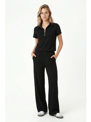 Ritnice Kadın Nola Modal Touch Fermuarlı Polo Yaka Bel Lastikli Cepli Siyah Alt Üst Takım