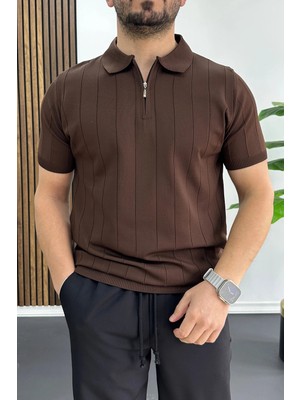Edwox Erkek Slim Fit Fermuarlı Polo Yaka Tişört Kahverengi EDW452