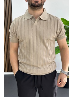 Edwox Erkek Açık Yaka Desenli Tişört Vizon EDW453