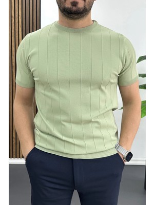 Edwox Erkek Bisiklet Yaka Çizgili Tişört Açık Yeşil EDW456