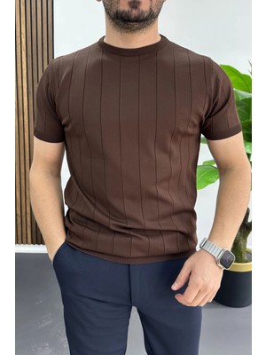 Edwox Erkek Bisiklet Yaka Çizgili Tişört Kahverengi EDW456