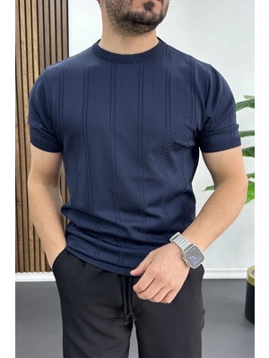 Edwox Erkek Bisiklet Yaka Desenli Tişört Lacivert EDW454