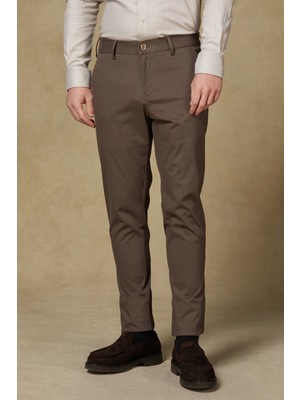 Abbate Prime Chino Poplin Stretch Pamuk Karışımlı Modern Fit Koyu Bej Erkek Düz Pantolon