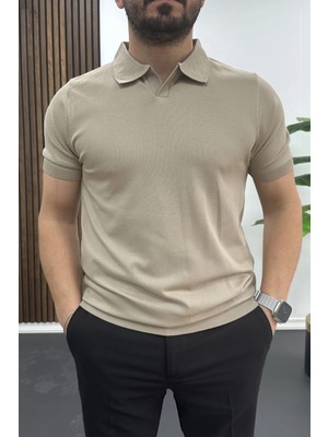 Edwox Erkek Açık Yaka Düz Tişört Vizon EDW461