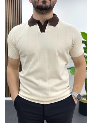 Edwox Erkek Yaka Detaylı Tişört Krem EDW463