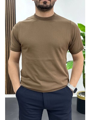 Edwox Erkek Düz Desen Bisiklet Yaka Tişört Açık Kahverengi EDW459