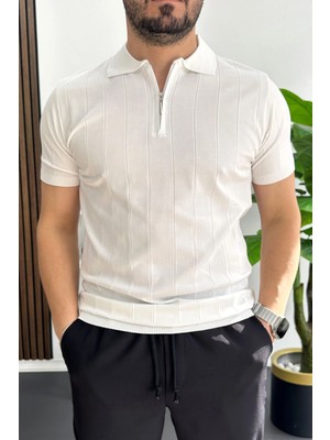 Edwox Erkek Slim Fit Fermuarlı Polo Yaka Tişört Beyaz EDW452