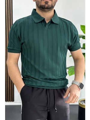 Edwox Erkek Açık Yaka Desenli Tişört Yeşil EDW453