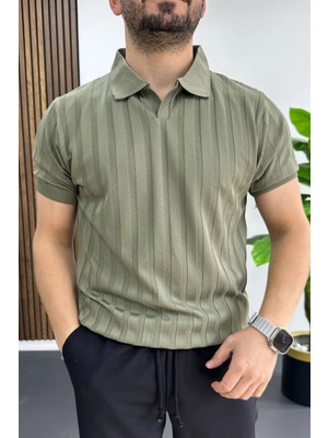 Edwox Erkek Açık Yaka Desenli Tişört Açık Yeşil EDW453