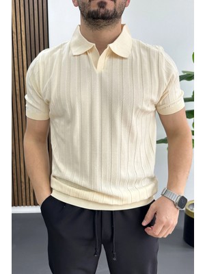 Edwox Erkek Açık Yaka Desenli Tişört Krem EDW453