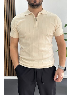 Edwox Erkek Slim Fit Fermuarlı Polo Yaka Tişört Krem EDW452