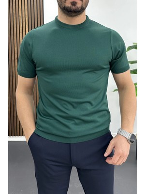 Edwox Erkek Düz Desen Bisiklet Yaka Tişört Yeşil EDW459