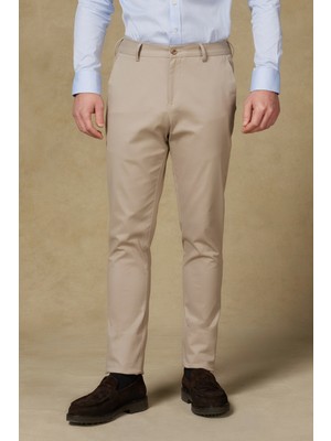 Abbate Prime Chino Poplin Stretch Pamuk Karışımlı Modern Fit Bej Erkek Düz Pantolon