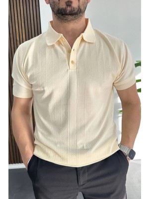 Edwox Erkek Desenli Polo Yaka Tişört Krem EDW460