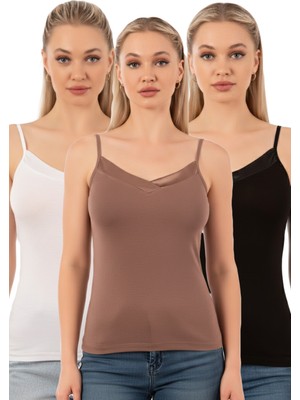 Özkan Underwear Özkan 2040 3'lü Paket Kadın Viskon Siyah Kahve Beyaz Saten Yakalı Karışık Renk Atlet Esnek Rahat Ince Askılı Atlet