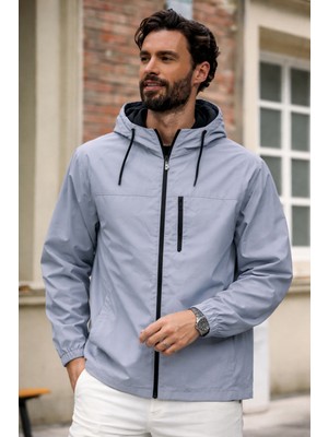 Damga Erkek Çizgili Trend Astarlı Gri Yağmurluk